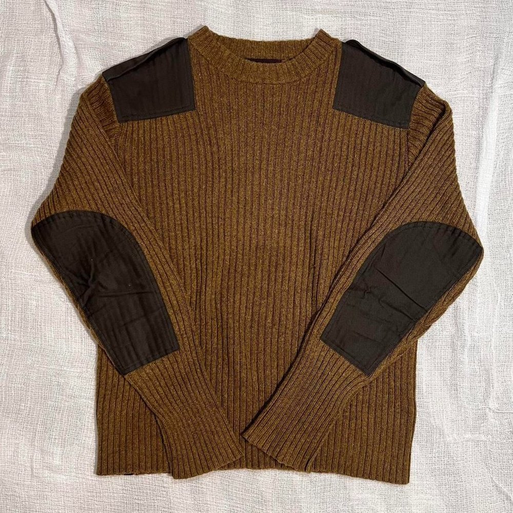 Men's Brown Ribbed Crewneck Sweater with Contrast Elbow & Shoulder Patches